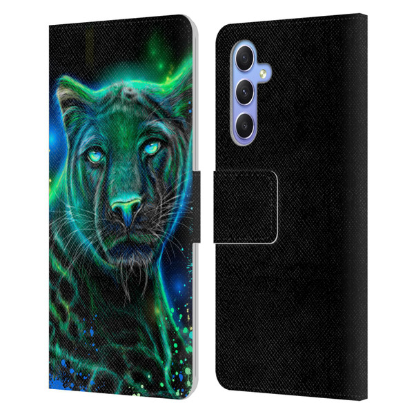 Sheena Pike Big Cats Neon Blue Green Panther Leather Book Wallet Case Cover For Samsung Galaxy A34 5G