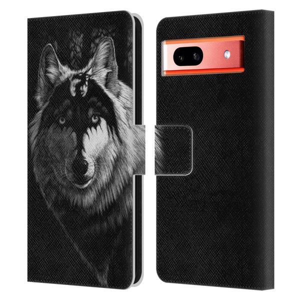 Stanley Morrison Black And White Gray Wolf With Dragon Marking Leather Book Wallet Case Cover For Google Pixel 7a