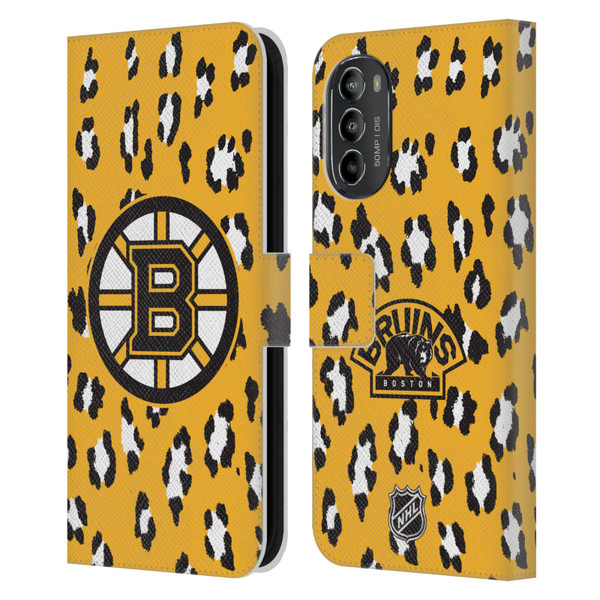 NHL Boston Bruins Leopard Patten Leather Book Wallet Case Cover For Motorola Moto G82 5G