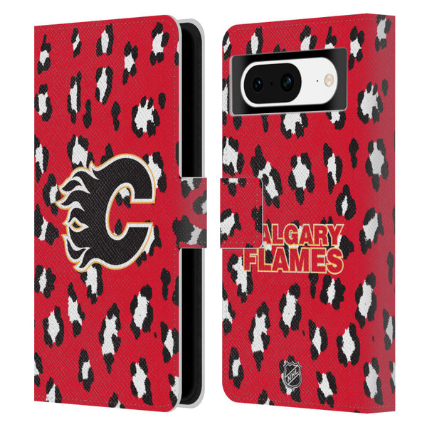 NHL Calgary Flames Leopard Patten Leather Book Wallet Case Cover For Google Pixel 8