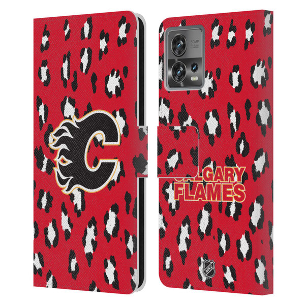 NHL Calgary Flames Leopard Patten Leather Book Wallet Case Cover For Motorola Moto Edge 30 Fusion