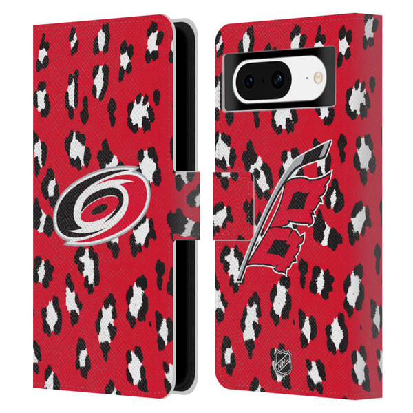 NHL Carolina Hurricanes Leopard Patten Leather Book Wallet Case Cover For Google Pixel 8