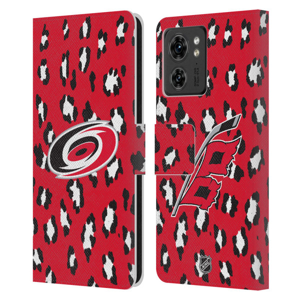 NHL Carolina Hurricanes Leopard Patten Leather Book Wallet Case Cover For Motorola Moto Edge 40