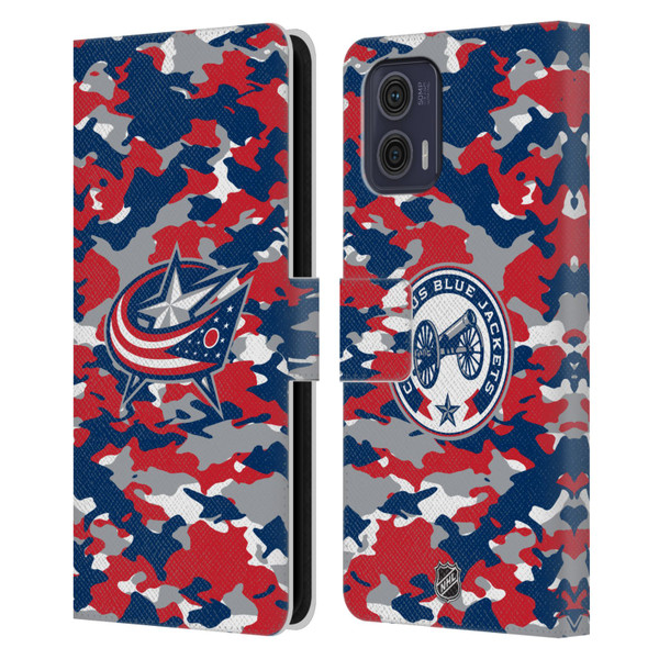 NHL Columbus Blue Jackets Camouflage Leather Book Wallet Case Cover For Motorola Moto G73 5G