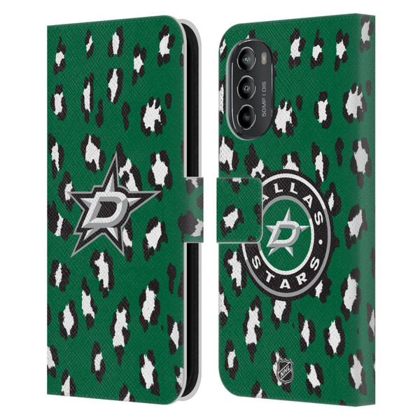 NHL Dallas Stars Leopard Patten Leather Book Wallet Case Cover For Motorola Moto G82 5G