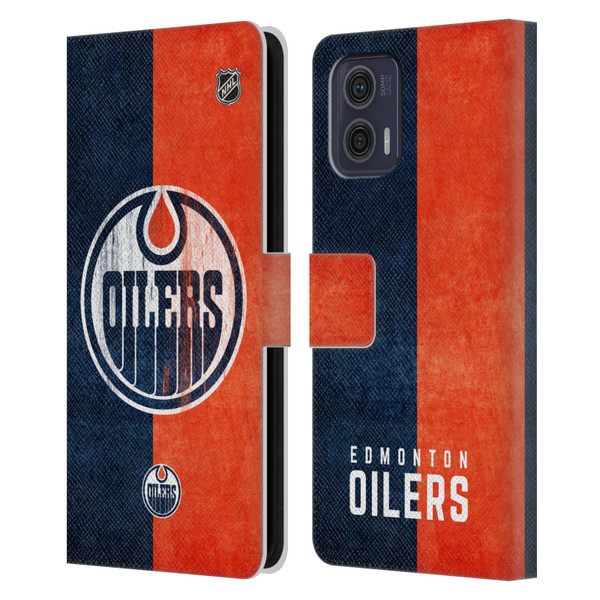 NHL Edmonton Oilers Half Distressed Leather Book Wallet Case Cover For Motorola Moto G73 5G