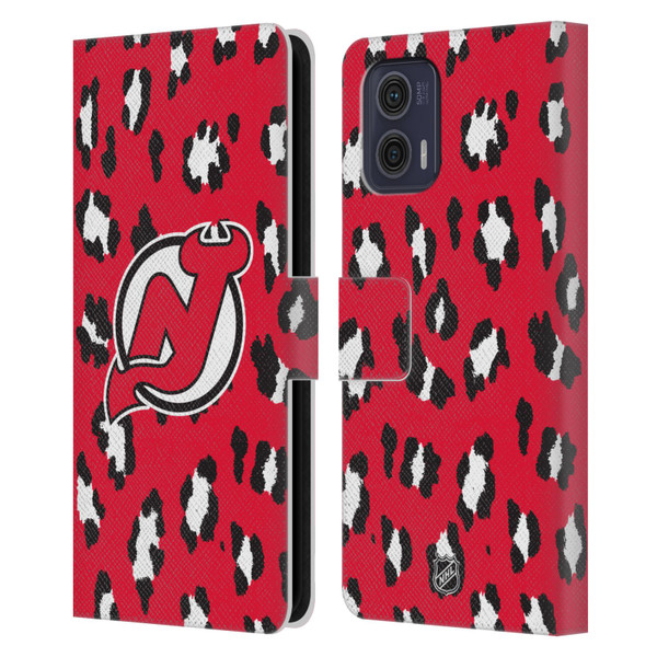 NHL New Jersey Devils Leopard Patten Leather Book Wallet Case Cover For Motorola Moto G73 5G