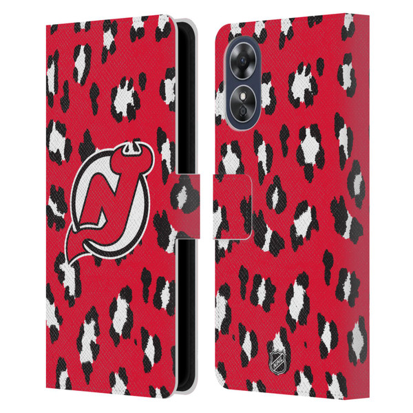 NHL New Jersey Devils Leopard Patten Leather Book Wallet Case Cover For OPPO A17