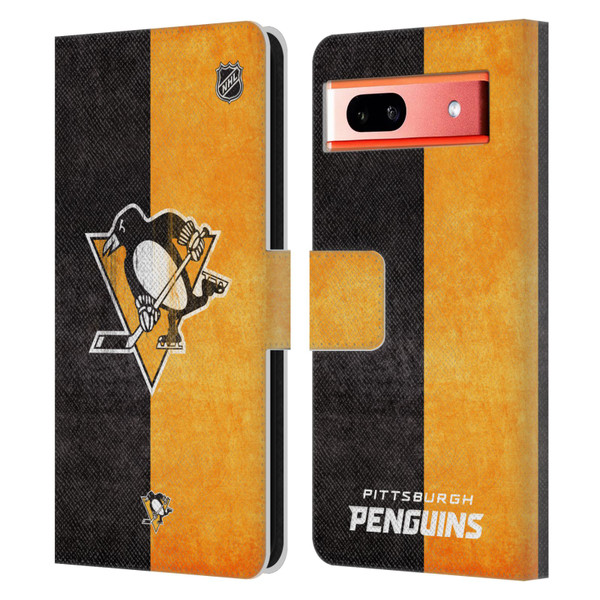 NHL Pittsburgh Penguins Half Distressed Leather Book Wallet Case Cover For Google Pixel 7a