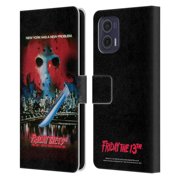 Friday the 13th Part VIII Jason Takes Manhattan Graphics Key Art Leather Book Wallet Case Cover For Motorola Moto G73 5G