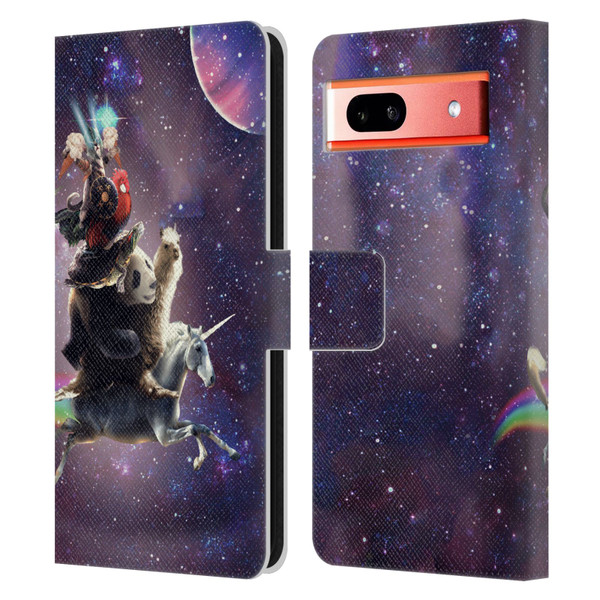 Random Galaxy Space Llama Unicorn Space Ride Leather Book Wallet Case Cover For Google Pixel 7a