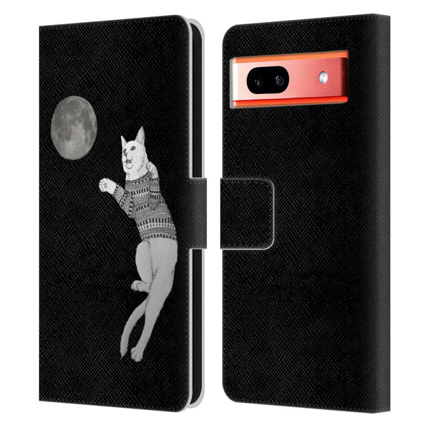 Barruf Animals Cat-ch The Moon Leather Book Wallet Case Cover For Google Pixel 7a