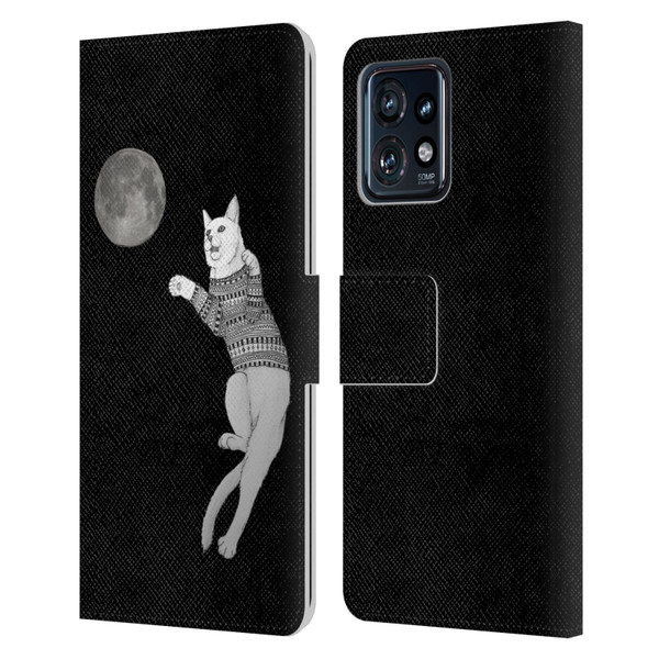Barruf Animals Cat-ch The Moon Leather Book Wallet Case Cover For Motorola Moto Edge 40 Pro
