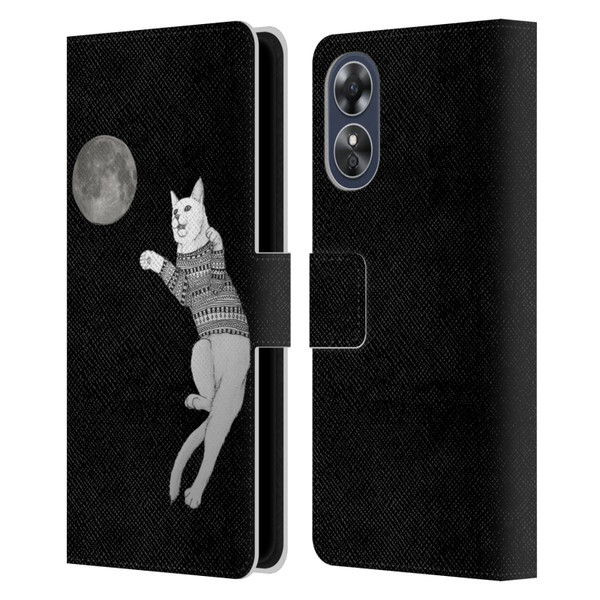 Barruf Animals Cat-ch The Moon Leather Book Wallet Case Cover For OPPO A17