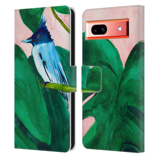 Mai Autumn Birds Monstera Plant Leather Book Wallet Case Cover For Google Pixel 7a