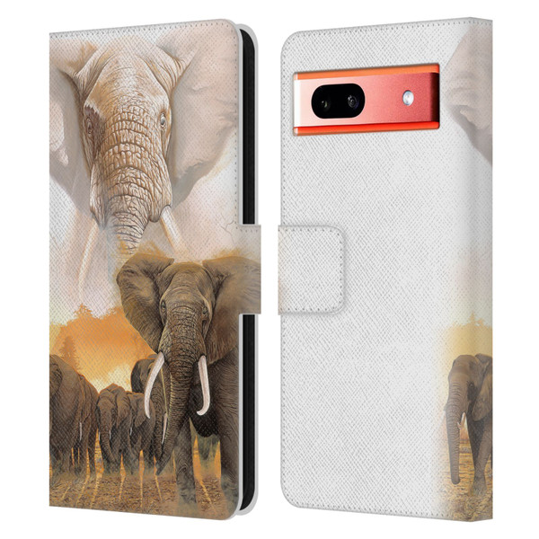Graeme Stevenson Wildlife Elephants Leather Book Wallet Case Cover For Google Pixel 7a