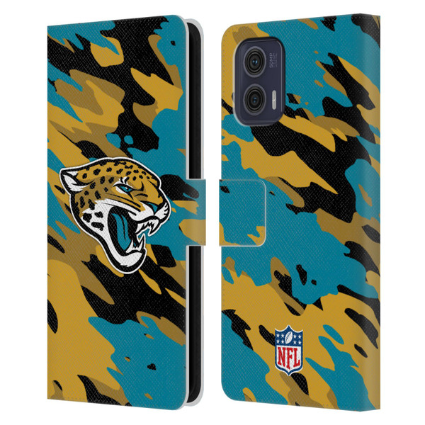 NFL Jacksonville Jaguars Logo Camou Leather Book Wallet Case Cover For Motorola Moto G73 5G