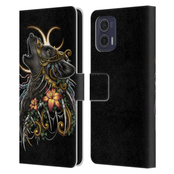 Sarah Richter Animals Gothic Black Howling Wolf Leather Book Wallet Case Cover For Motorola Moto G73 5G