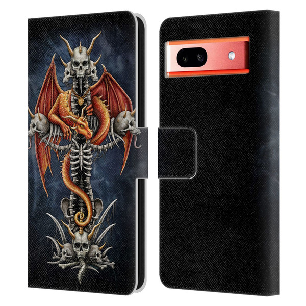 Sarah Richter Fantasy Creatures Red Dragon Guarding Bone Cross Leather Book Wallet Case Cover For Google Pixel 7a
