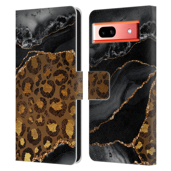 UtArt Wild Cat Marble Dark Gilded Leopard Leather Book Wallet Case Cover For Google Pixel 7a