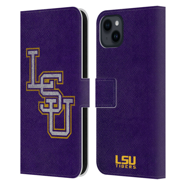 Louisiana State University LSU Louisiana State University Distressed Leather Book Wallet Case Cover For Apple iPhone 15 Plus