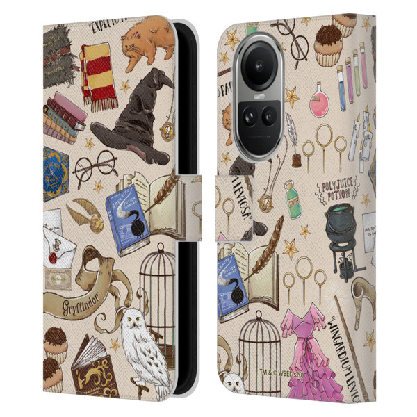 Harry Potter Deathly Hallows XXXVII Hogwarts Pattern Leather Book Wallet Case Cover For OPPO Reno10 5G / Reno10 Pro 5G