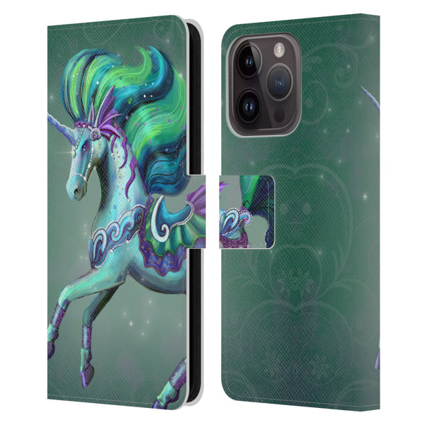Rose Khan Unicorns Sea Green Leather Book Wallet Case Cover For Apple iPhone 15 Pro