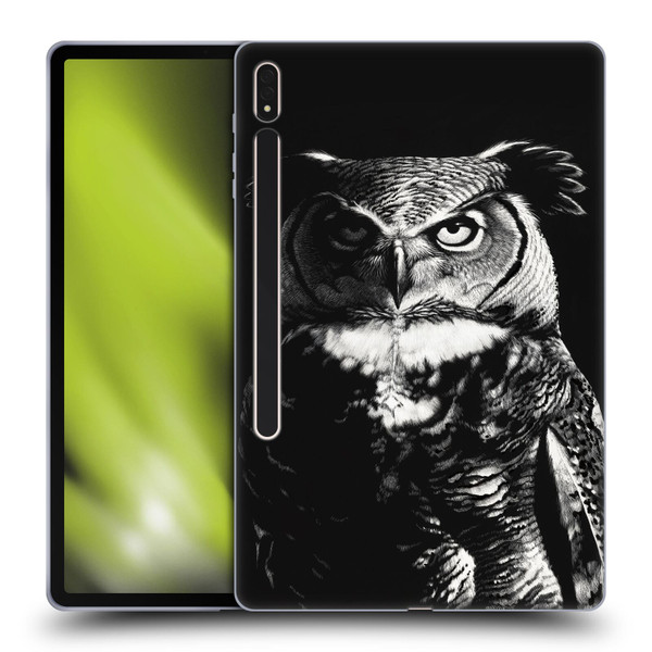 Stanley Morrison Black And White Great Horned Owl Soft Gel Case for Samsung Galaxy Tab S8 Plus