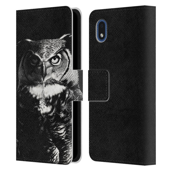Stanley Morrison Black And White Great Horned Owl Leather Book Wallet Case Cover For Samsung Galaxy A01 Core (2020)