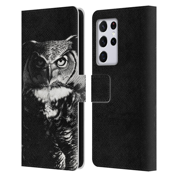 Stanley Morrison Black And White Great Horned Owl Leather Book Wallet Case Cover For Samsung Galaxy S21 Ultra 5G