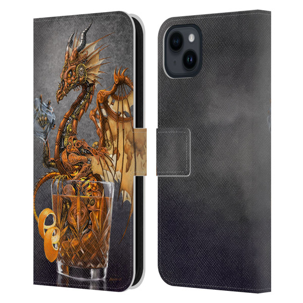 Stanley Morrison Dragons Gold Steampunk Drink Leather Book Wallet Case Cover For Apple iPhone 15 Plus