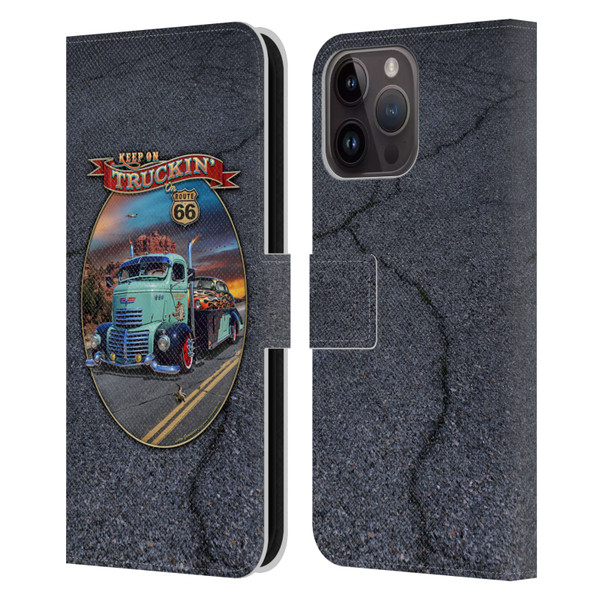 Larry Grossman Retro Collection Keep on Truckin' Rt. 66 Leather Book Wallet Case Cover For Apple iPhone 15 Pro Max