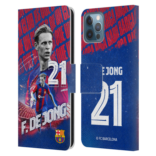 FC Barcelona 2023/24 First Team Frenkie de Jong Leather Book Wallet Case Cover For Apple iPhone 12 / iPhone 12 Pro