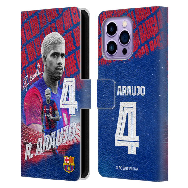FC Barcelona 2023/24 First Team Ronald Araújo Leather Book Wallet Case Cover For Apple iPhone 14 Pro Max