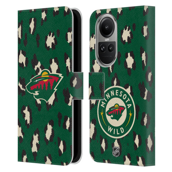 NHL Minnesota Wild Leopard Patten Leather Book Wallet Case Cover For OPPO Reno10 5G / Reno10 Pro 5G