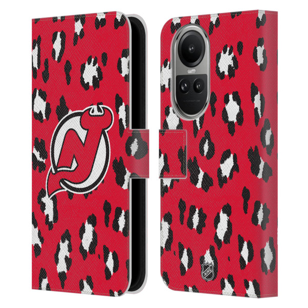 NHL New Jersey Devils Leopard Patten Leather Book Wallet Case Cover For OPPO Reno10 5G / Reno10 Pro 5G