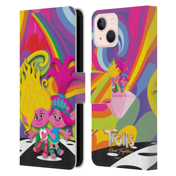 Trolls 3: Band Together Art Poppy And Viva Leather Book Wallet Case Cover For Apple iPhone 13