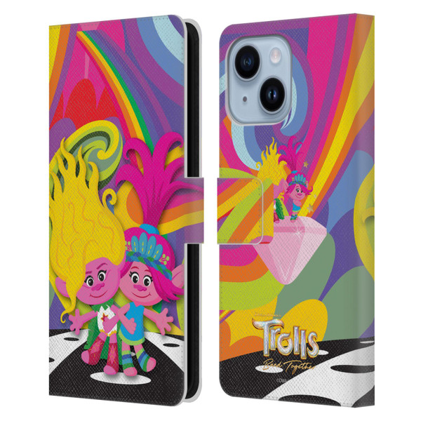 Trolls 3: Band Together Art Poppy And Viva Leather Book Wallet Case Cover For Apple iPhone 14 Plus