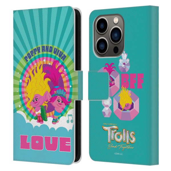 Trolls 3: Band Together Art Love Leather Book Wallet Case Cover For Apple iPhone 14 Pro