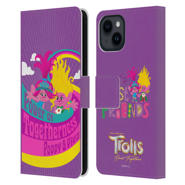 Trolls 3: Band Together Art Power Of Togetherness Leather Book Wallet Case Cover For Apple iPhone 15