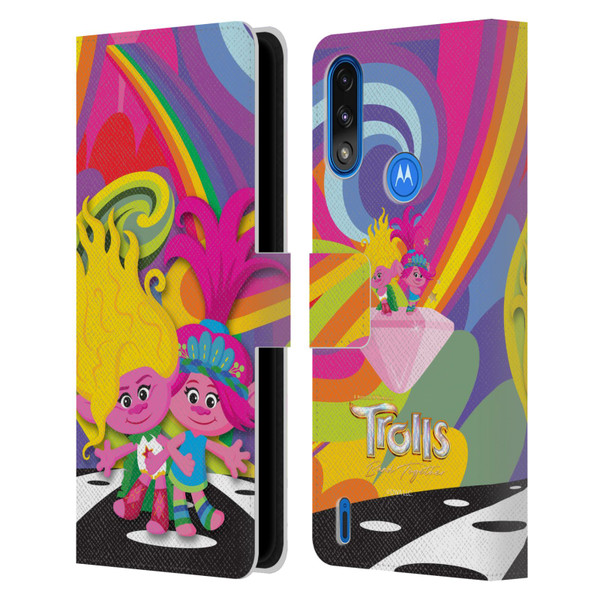 Trolls 3: Band Together Art Poppy And Viva Leather Book Wallet Case Cover For Motorola Moto E7 Power / Moto E7i Power