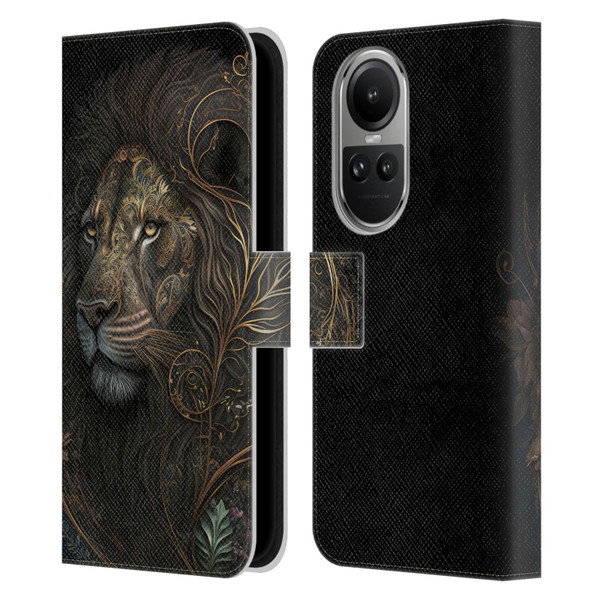 Spacescapes Floral Lions Golden Bloom Leather Book Wallet Case Cover For OPPO Reno10 5G / Reno10 Pro 5G