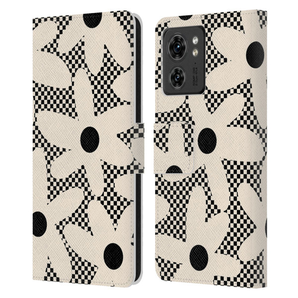 Kierkegaard Design Studio Retro Abstract Patterns Daisy Black Cream Dots Check Leather Book Wallet Case Cover For Motorola Moto Edge 40