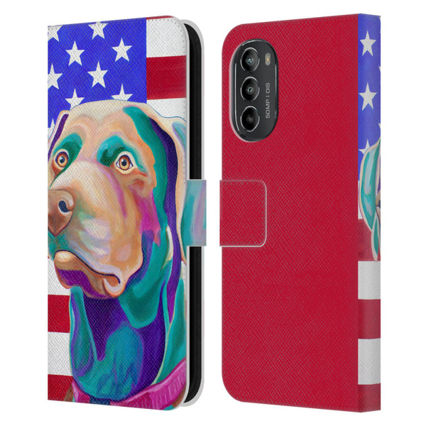 Jody Wright Dog And Cat Collection US Flag Leather Book Wallet Case Cover For Motorola Moto G82 5G