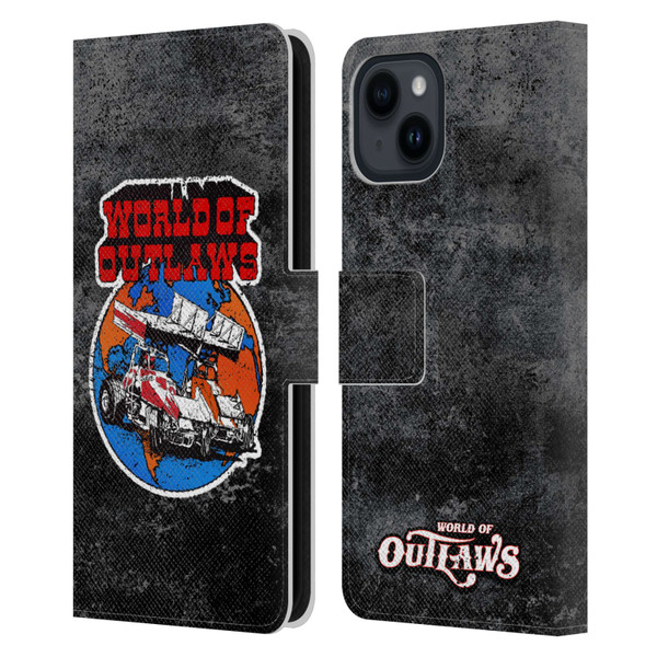 World of Outlaws Western Graphics Distressed Sprint Car Logo Leather Book Wallet Case Cover For Apple iPhone 15