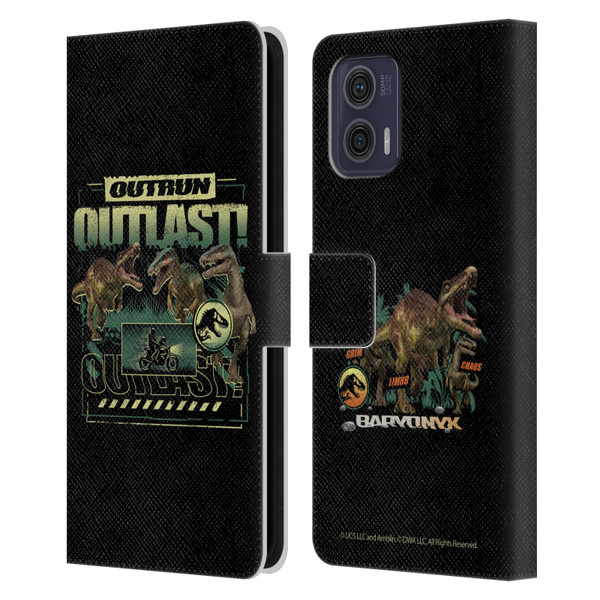 Jurassic World: Camp Cretaceous Dinosaur Graphics Outlast Leather Book Wallet Case Cover For Motorola Moto G73 5G