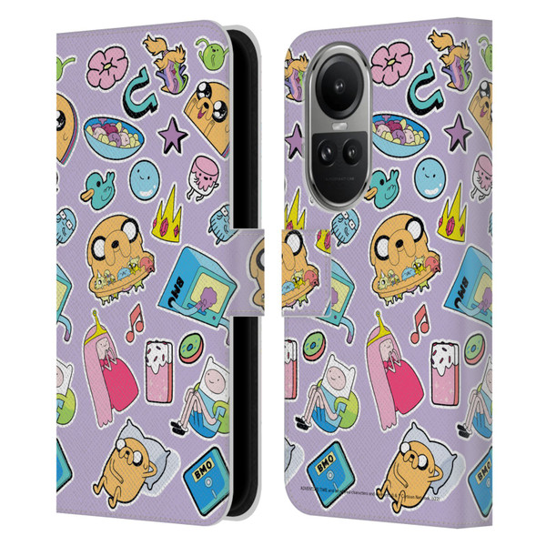 Adventure Time Graphics Icons Leather Book Wallet Case Cover For OPPO Reno10 5G / Reno10 Pro 5G