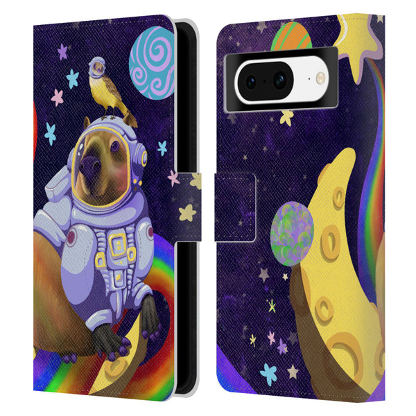 Carla Morrow Rainbow Animals Capybara Sitting On A Moon Leather Book Wallet Case Cover For Google Pixel 8