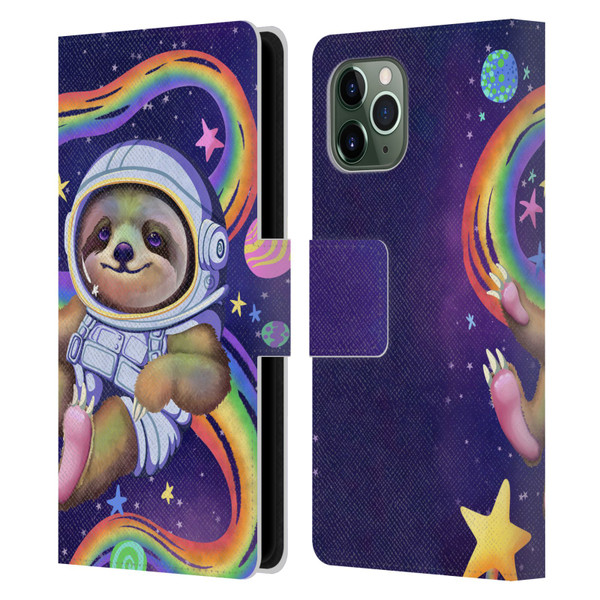 Carla Morrow Rainbow Animals Sloth Wearing A Space Suit Leather Book Wallet Case Cover For Apple iPhone 11 Pro