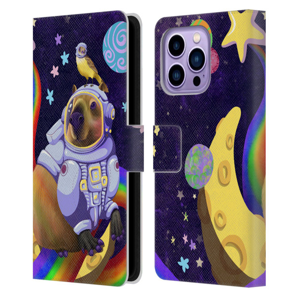 Carla Morrow Rainbow Animals Capybara Sitting On A Moon Leather Book Wallet Case Cover For Apple iPhone 14 Pro Max